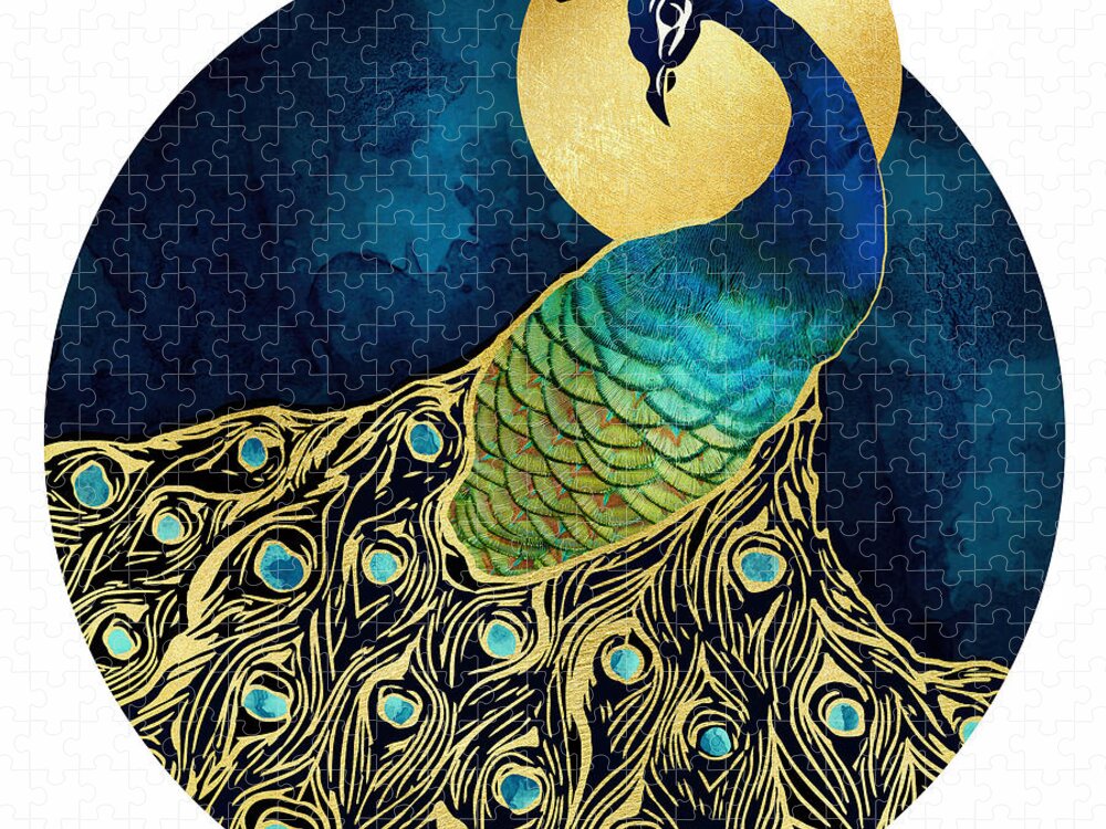 Peacock Jigsaw Puzzle featuring the digital art Golden Peacock by Spacefrog Designs