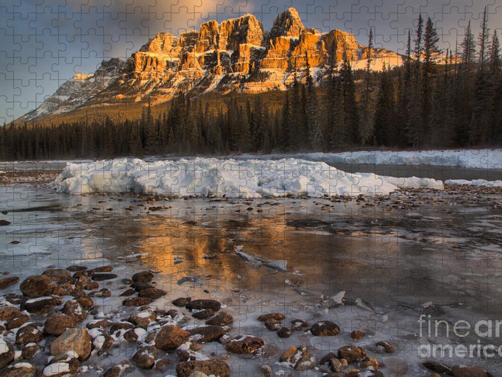 Castle Mountain Jigsaw Puzzle featuring the photograph Golden Reflections By The River Rocks by Adam Jewell
