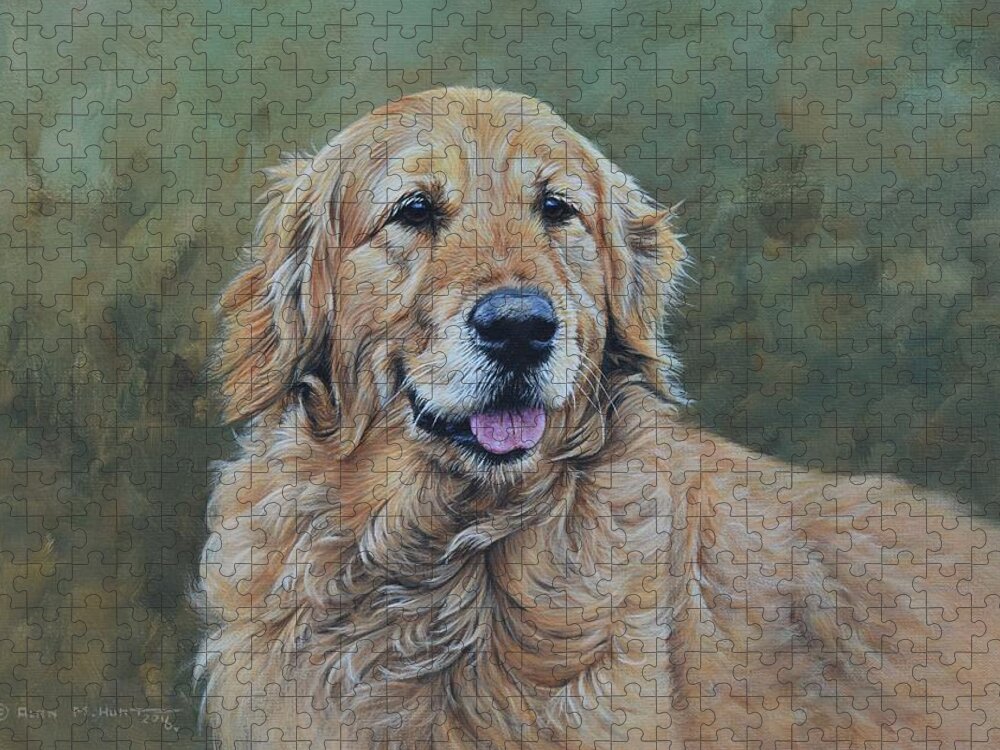 Dog Jigsaw Puzzle featuring the painting Golden Retriever Portrait by Alan M Hunt