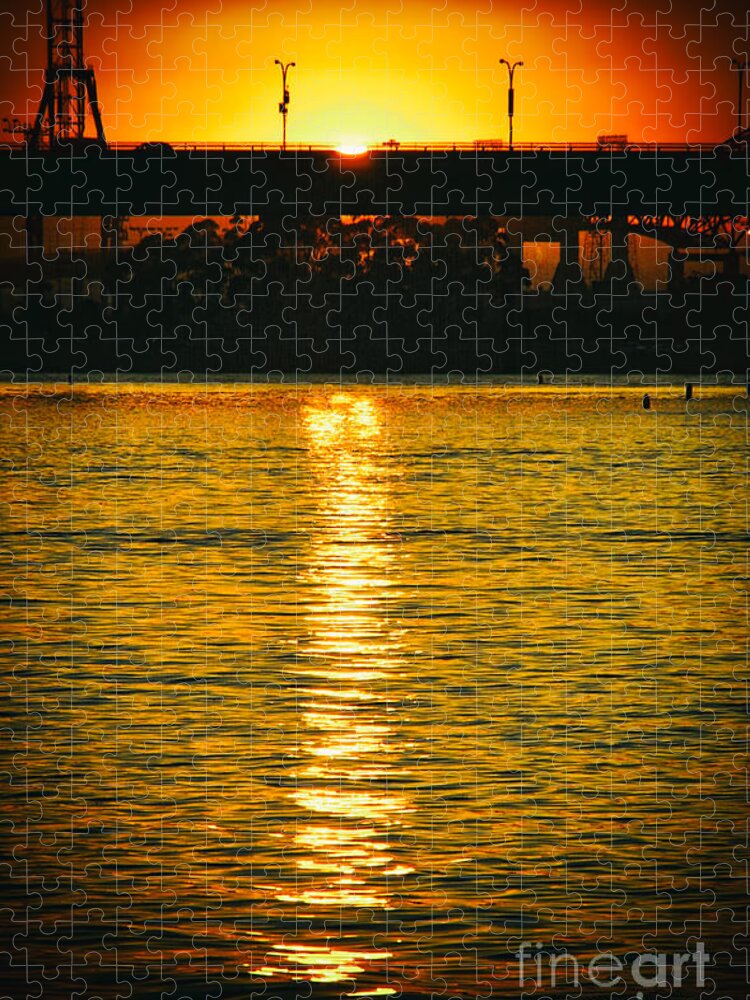Golden Sunset Behind Bridge Jigsaw Puzzle featuring the photograph Golden Sunset behind Bridge by Mariola Bitner