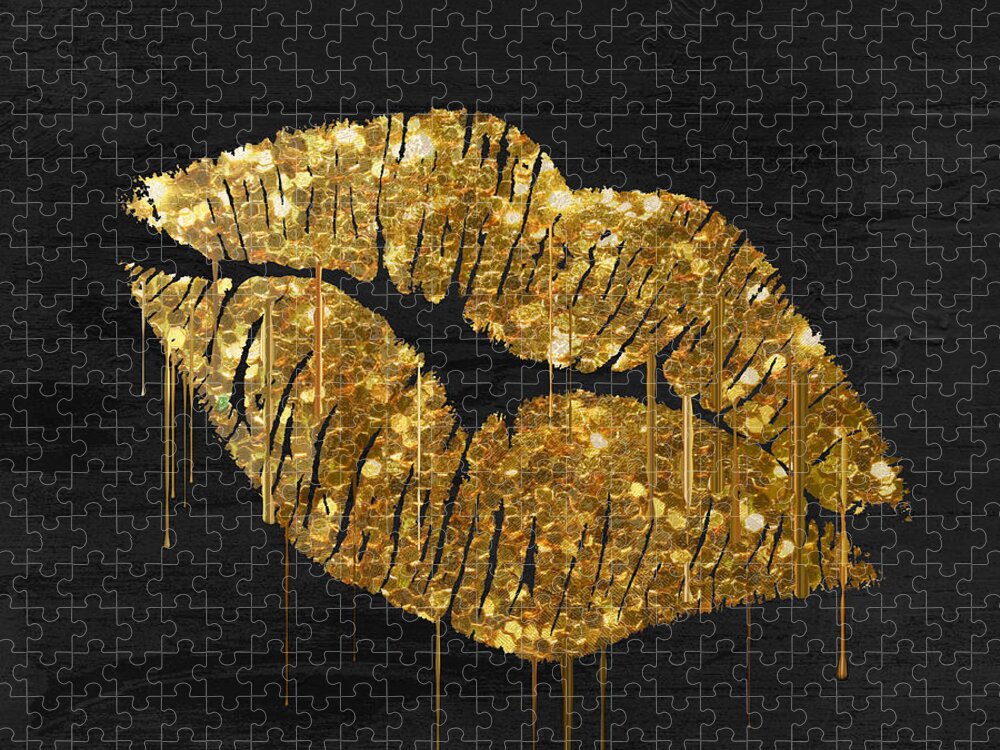 Gold Lips Jigsaw Puzzle featuring the painting Gold Lipstick by Mindy Sommers
