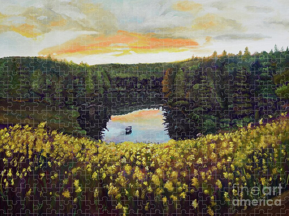 Lake Reflections Jigsaw Puzzle featuring the painting Goldenrods on Davenport Lake-Ellijay, GA by Jan Dappen