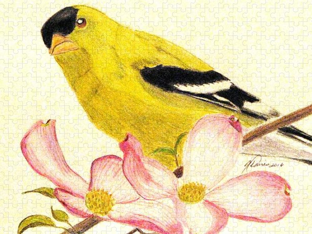 Goldfinches Jigsaw Puzzle featuring the drawing Goldfinch Spring by Angela Davies