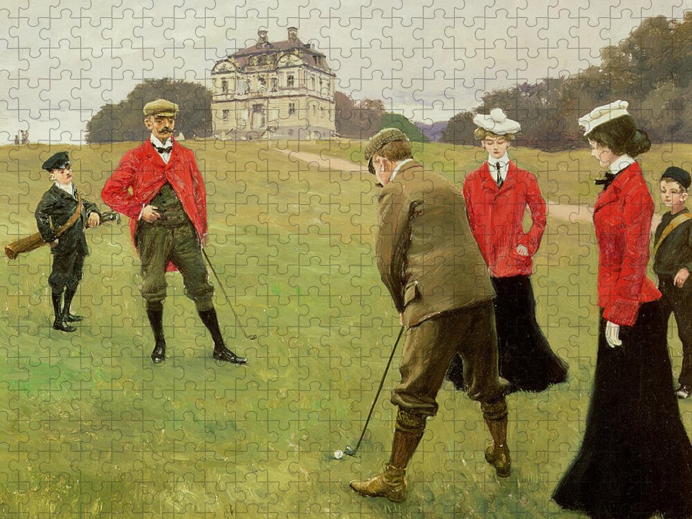 Golf Jigsaw Puzzle featuring the painting Golf Players at Copenhagen Golf Club by Paul Fischer