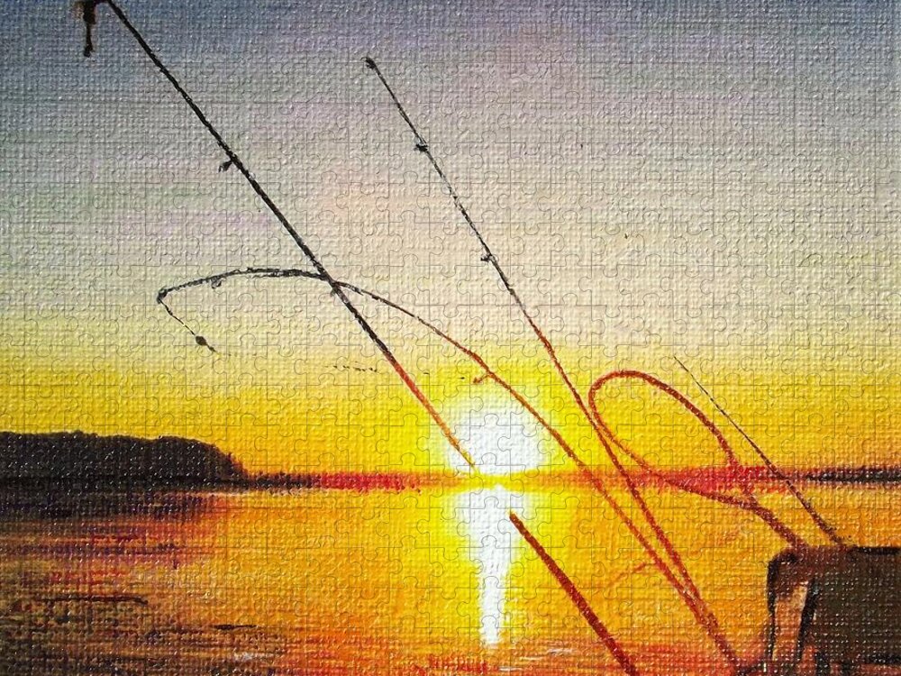 Sunset Jigsaw Puzzle featuring the painting Gone Fishin' by Cara Frafjord