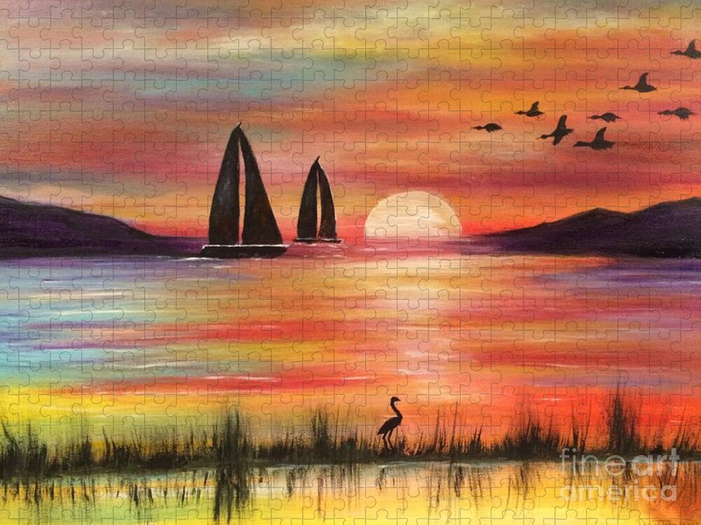 Sunset Jigsaw Puzzle featuring the painting Good Eveving by Denise Tomasura