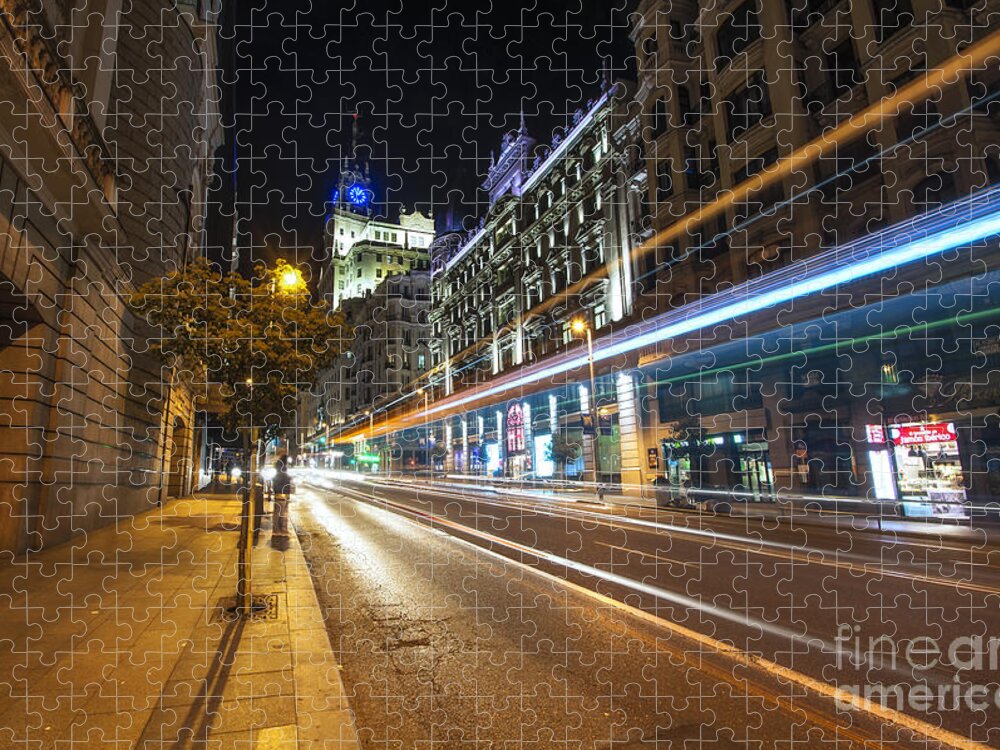 Yhun Suarez Jigsaw Puzzle featuring the photograph Gran Via Light Trails 1.0 by Yhun Suarez