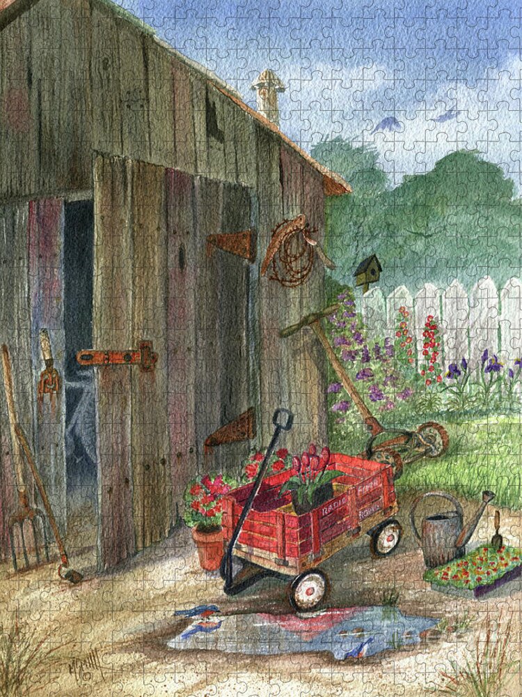 Grandpa's Shed Jigsaw Puzzle featuring the painting Grandpa's Radio Flyer Wagon by Marilyn Smith