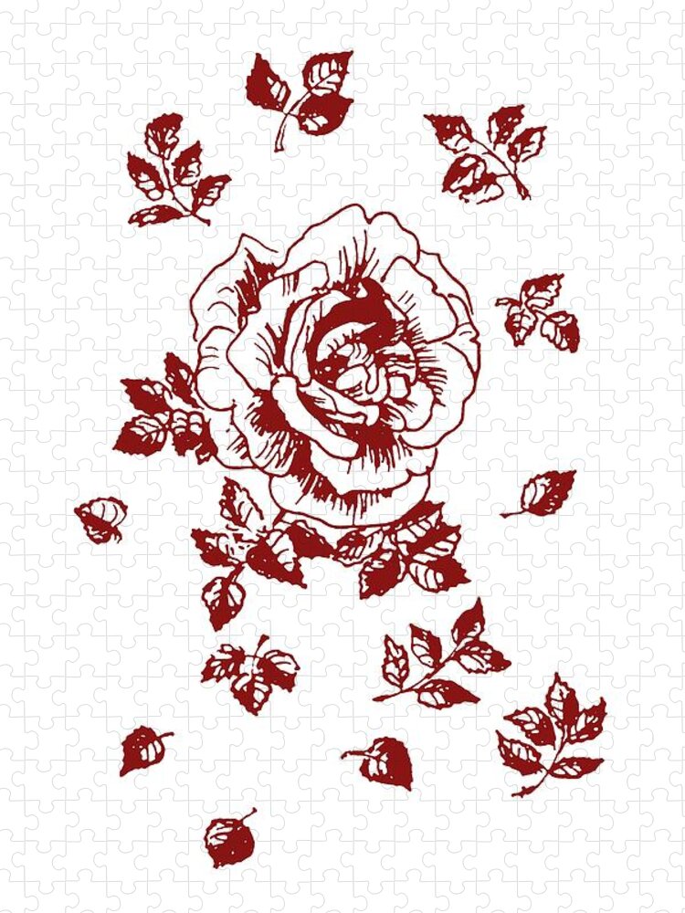 Rose Jigsaw Puzzle featuring the drawing Graphic Red Rose with Leaves by Masha Batkova