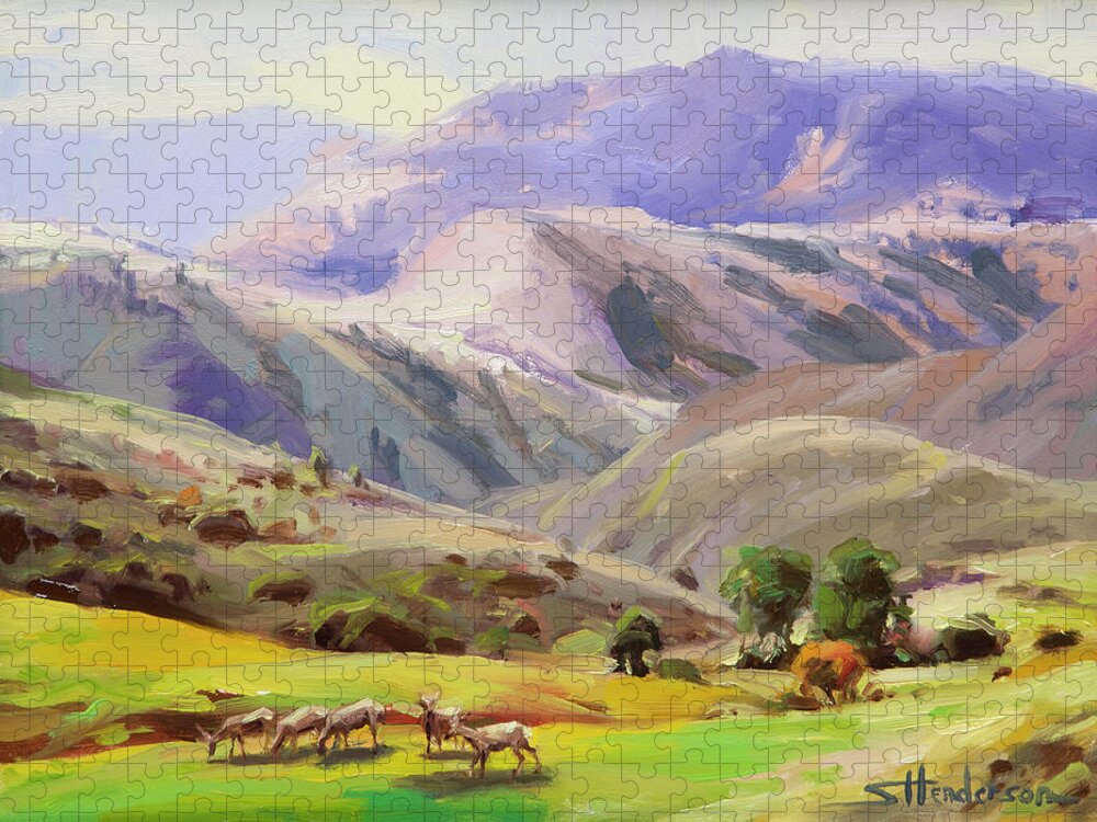 Mountains Jigsaw Puzzle featuring the painting Grazing in the Salmon River Mountains by Steve Henderson