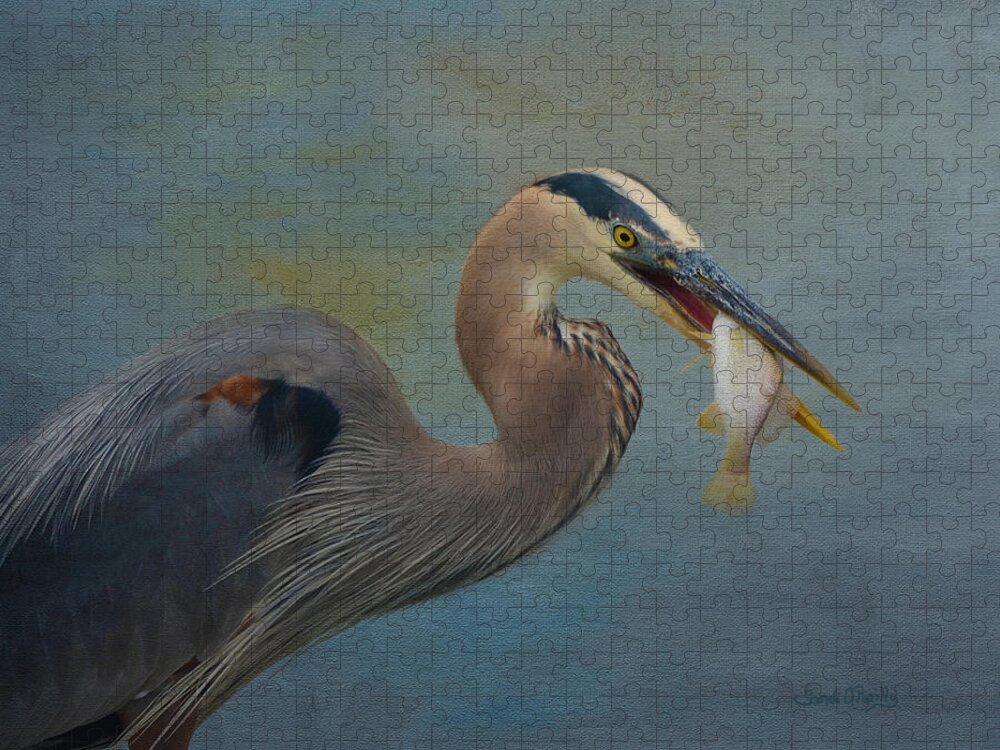 Great Blue Heron Jigsaw Puzzle featuring the photograph Great Blue Heron And Catch by Sandi OReilly