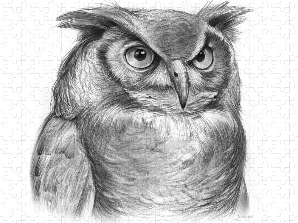 Owl Jigsaw Puzzle featuring the drawing Great Horned Owl by Greg Joens