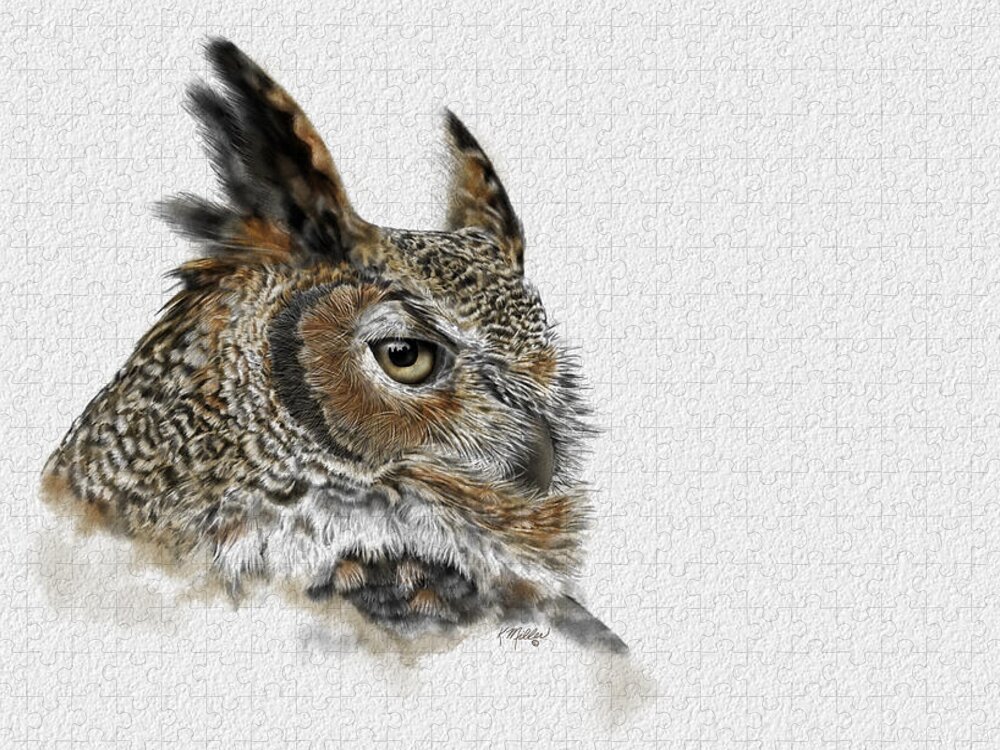 Owl Jigsaw Puzzle featuring the digital art Great Horned Owl by Kathie Miller