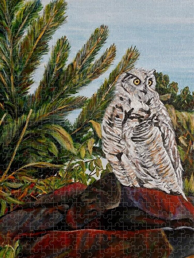 Great Horned Owl Jigsaw Puzzle featuring the painting Great Horned Owl - Owl on the rocks by Marilyn McNish