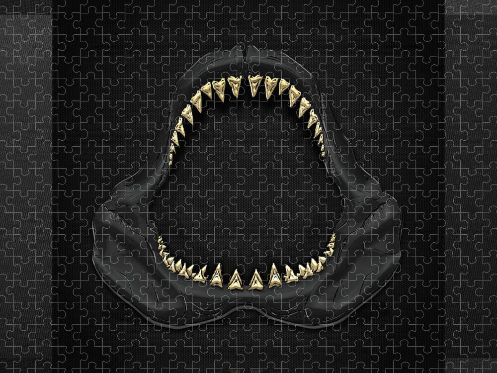 'black On Black' Collection By Serge Averbukh Jigsaw Puzzle featuring the digital art Great White Shark - Black Jaws with Gold Teeth on Black Canvas by Serge Averbukh