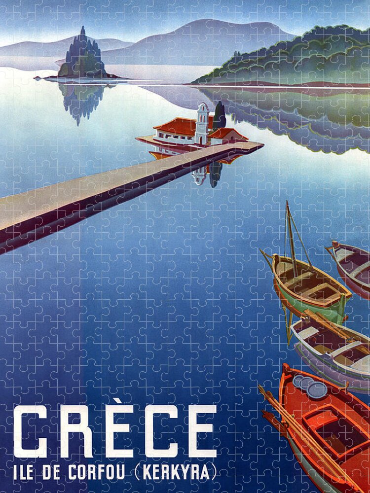 Greece Jigsaw Puzzle featuring the painting Greece, Corfu, isle, fishing boats by Long Shot