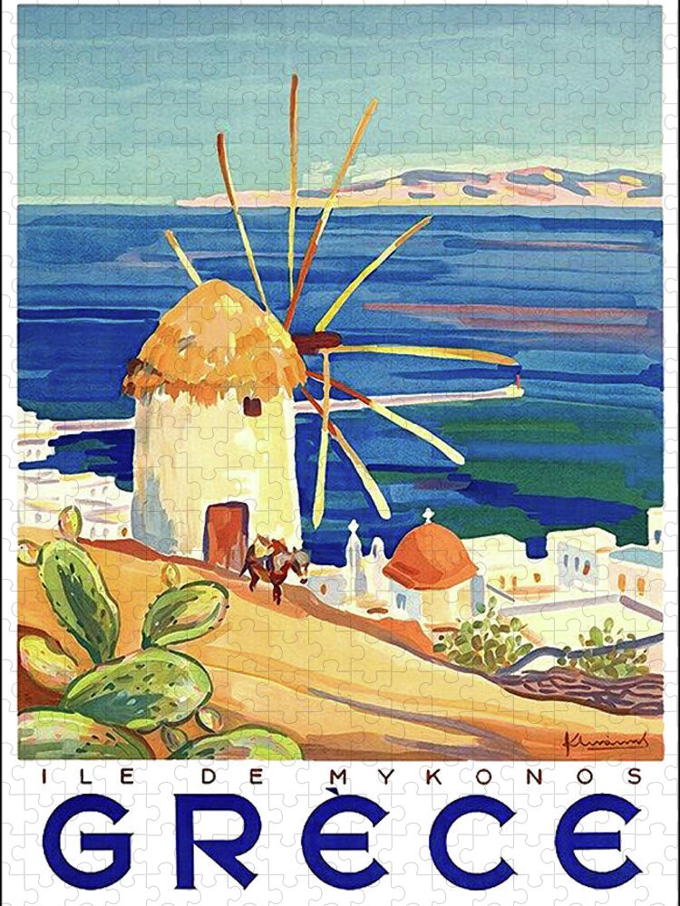 Greece Jigsaw Puzzle featuring the painting Greece, Mediterranean sea, windmill on the Mykonos coast by Long Shot