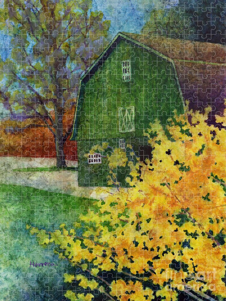 Barn Jigsaw Puzzle featuring the painting Green Barn by Hailey E Herrera