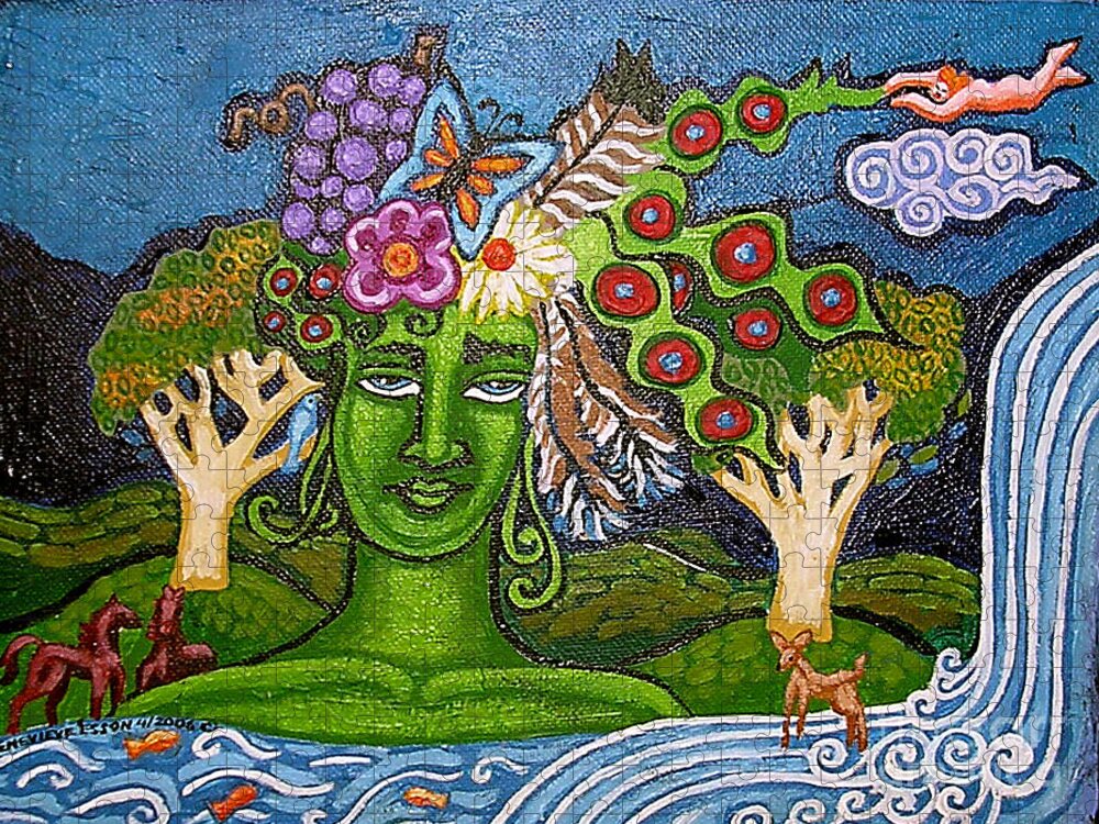 Green Goddess Jigsaw Puzzle featuring the painting Green GoddessWith Waterfall2 by Genevieve Esson