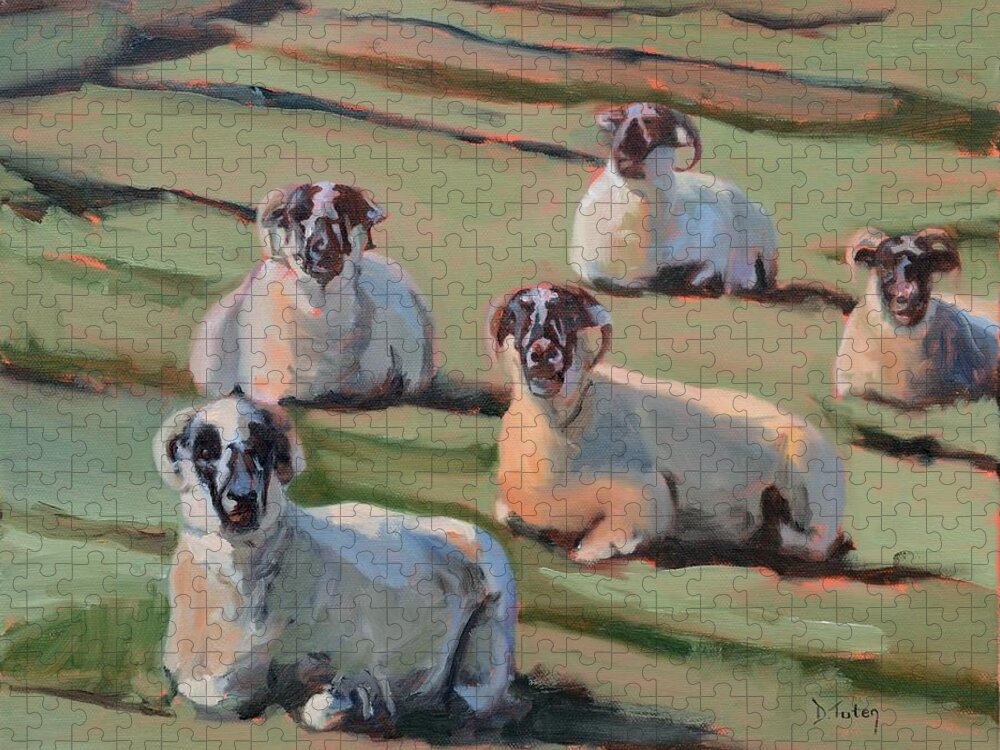 Sheep Jigsaw Puzzle featuring the painting Green Hill Sheep at Rest by Donna Tuten