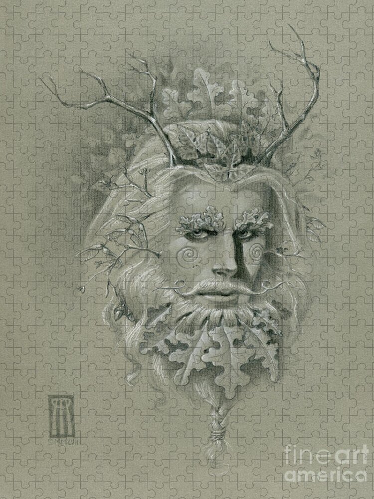 Pagan Jigsaw Puzzle featuring the drawing Green Man on Halftone Paper by Melissa A Benson