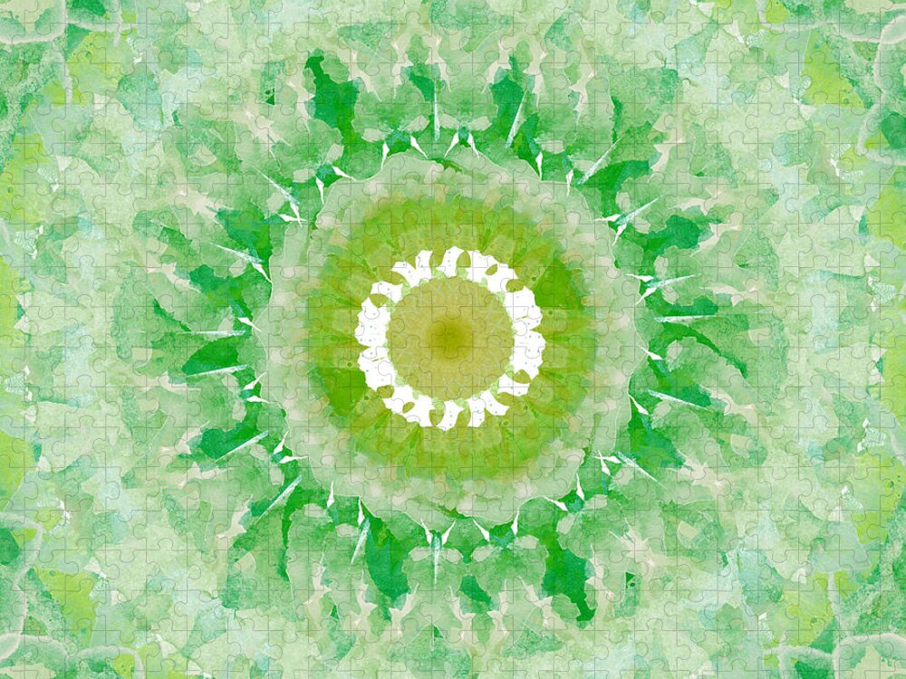 Green Jigsaw Puzzle featuring the painting Green Mandala- Abstract Art by Linda Woods by Linda Woods