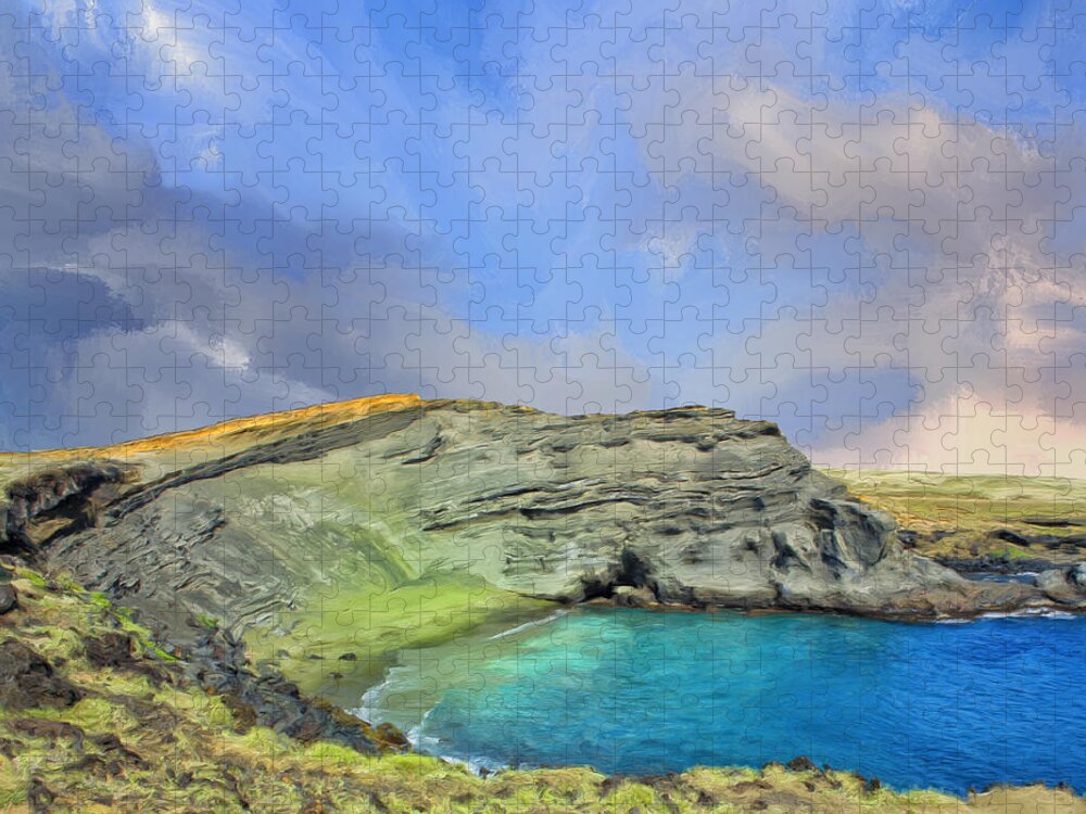 Hawaiian Islands Jigsaw Puzzle featuring the painting Green Sand Beach at Papakolea by Dominic Piperata