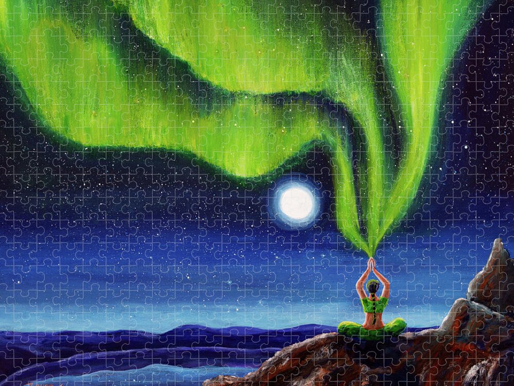 Meditation Jigsaw Puzzle featuring the painting Green Tara Creating the Aurora Borealis by Laura Iverson