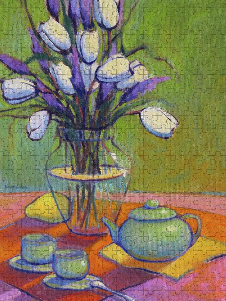 Flowers Jigsaw Puzzle featuring the painting Green Teapot by Konnie Kim