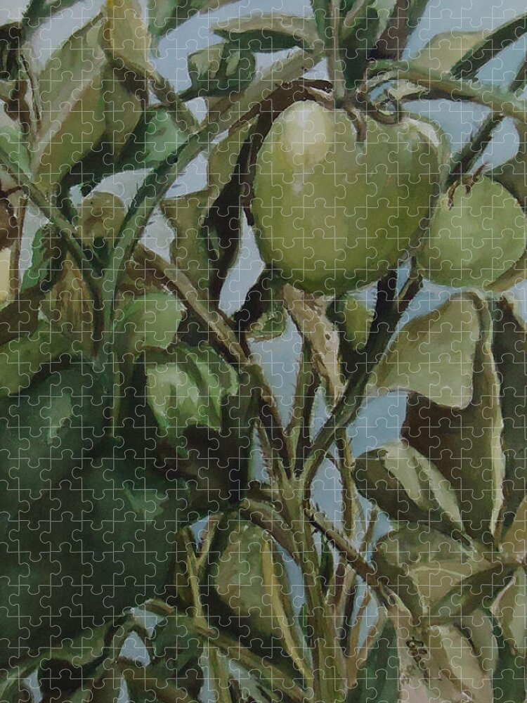 Green Tomatoes On The Vine. Ready To Fry. Decorative Jigsaw Puzzle featuring the painting Green Tomatoes on the Vine by Charme Curtin