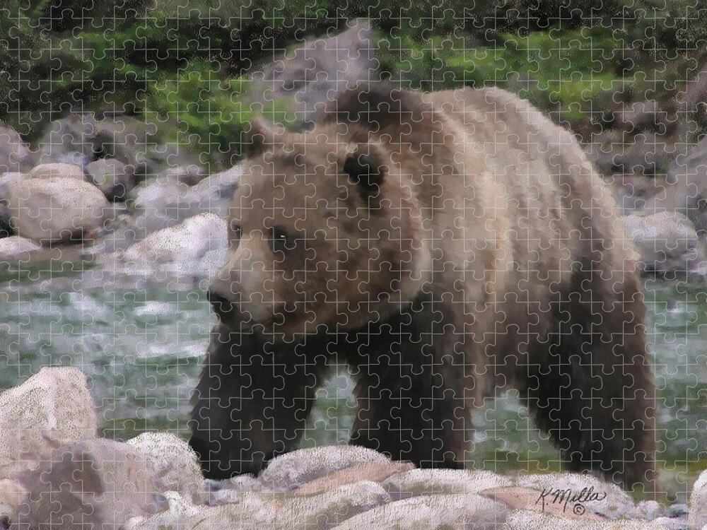 Bear Jigsaw Puzzle featuring the pastel Grizzly Bear by Kathie Miller