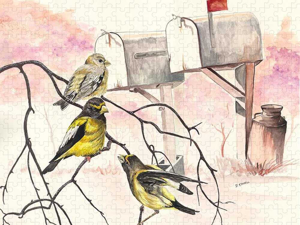 Grosbeaks Jigsaw Puzzle featuring the painting Grosbeaks by Darren Cannell