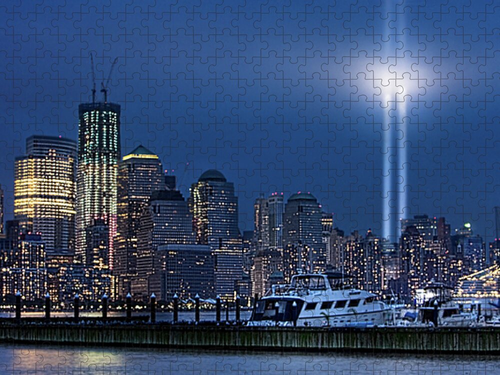 9/11 Jigsaw Puzzle featuring the photograph Ground Zero Tribute Lights and the Freedom Tower by Chris Lord