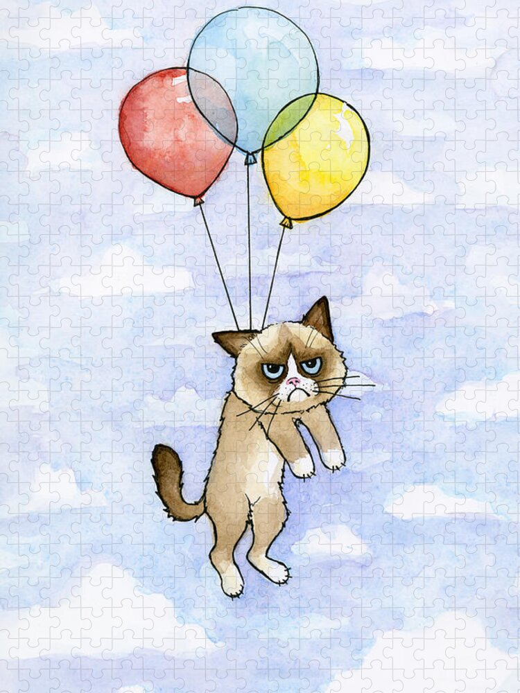 Grumpy Jigsaw Puzzle featuring the painting Grumpy Cat and Balloons by Olga Shvartsur