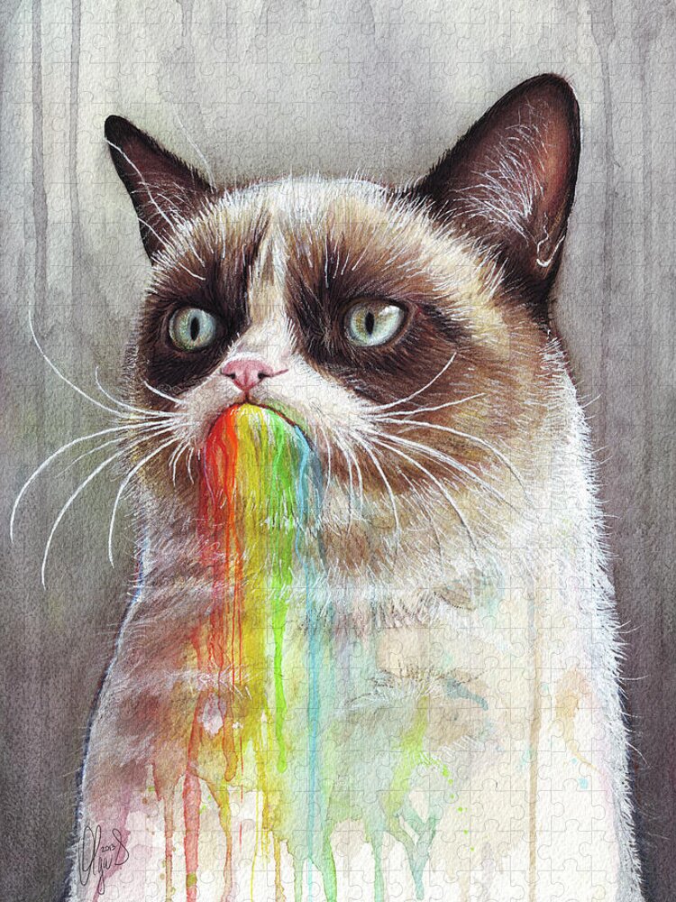 Grumpy Cat Jigsaw Puzzle featuring the painting Grumpy Cat Tastes the Rainbow by Olga Shvartsur