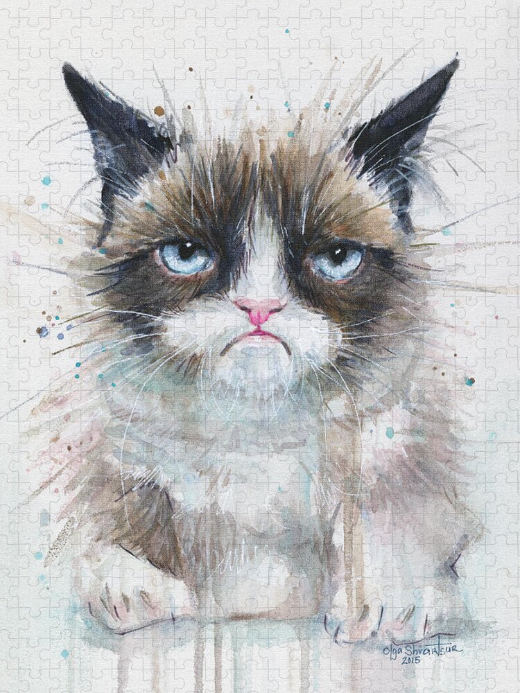 Watercolor Jigsaw Puzzle featuring the painting Grumpy Cat Watercolor Painting by Olga Shvartsur