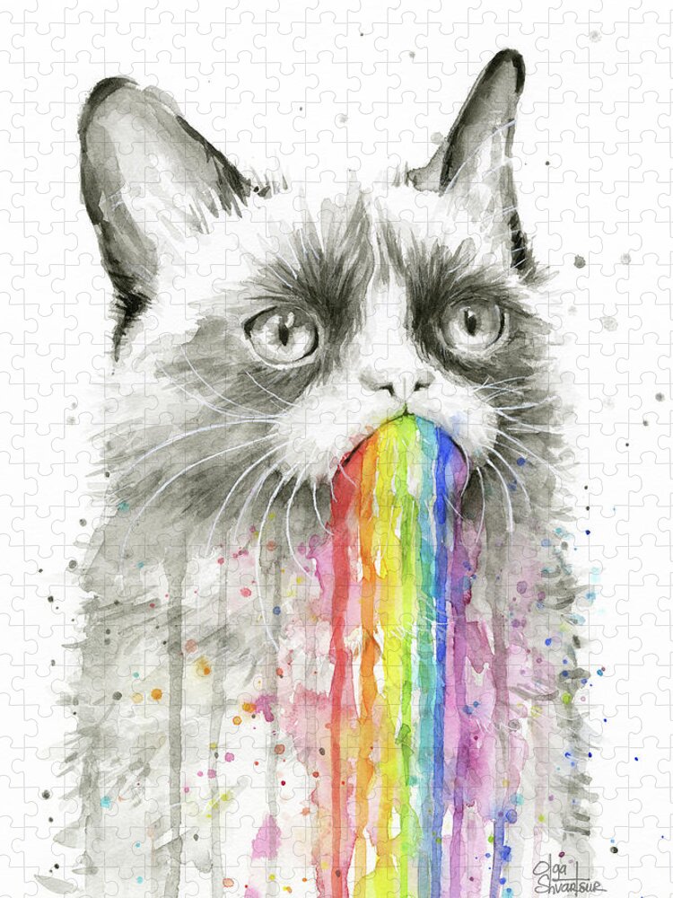 Grumpy Jigsaw Puzzle featuring the painting Grumpy Rainbow Cat by Olga Shvartsur
