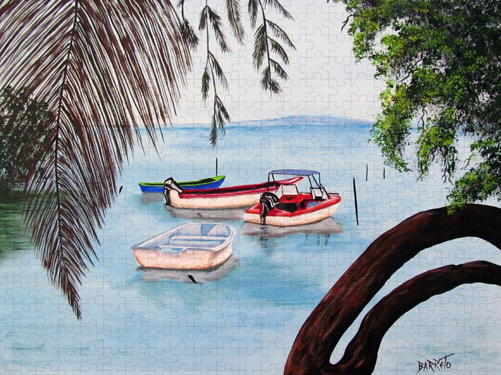 Guanica Jigsaw Puzzle featuring the painting Guanica Bay by Gloria E Barreto-Rodriguez