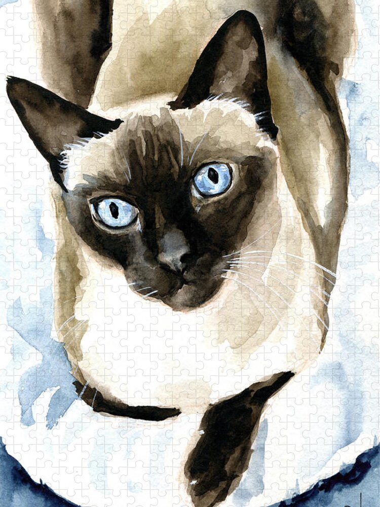 Cat Jigsaw Puzzle featuring the painting Guardian Angel - Siamese Cat Portrait by Dora Hathazi Mendes