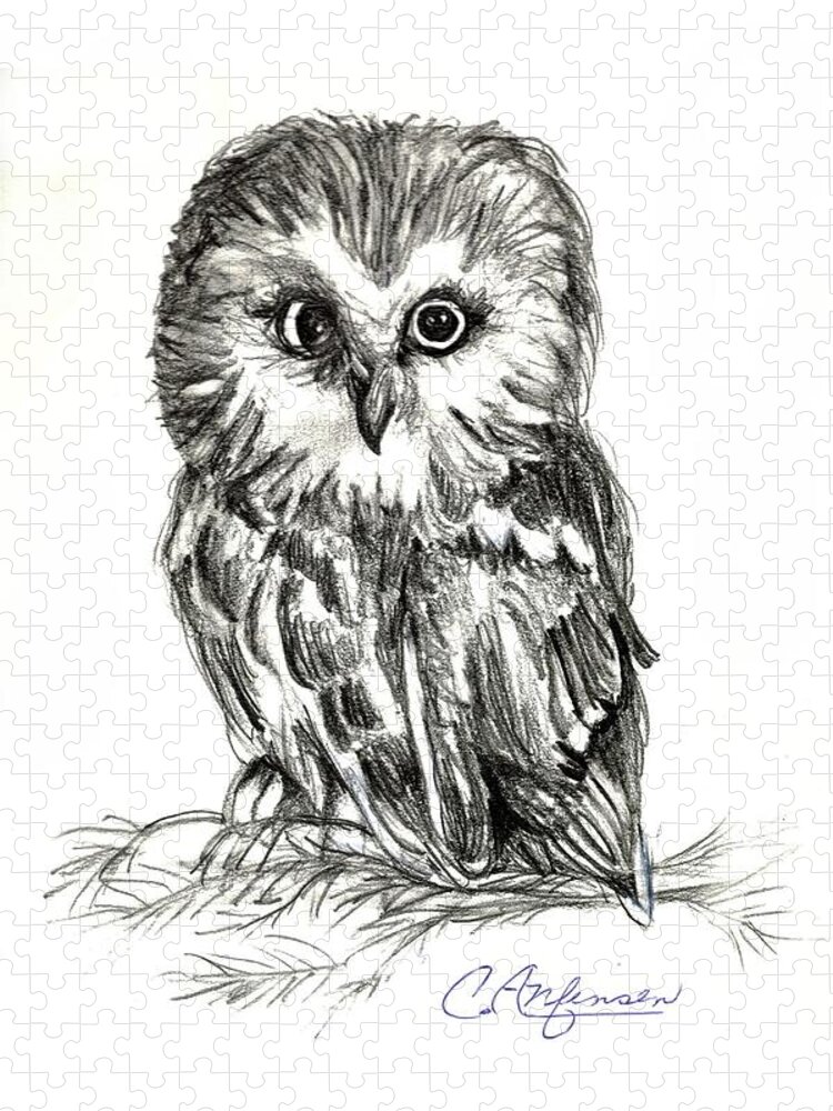 Owl Jigsaw Puzzle featuring the drawing Guess Whoooo by Carol Allen Anfinsen