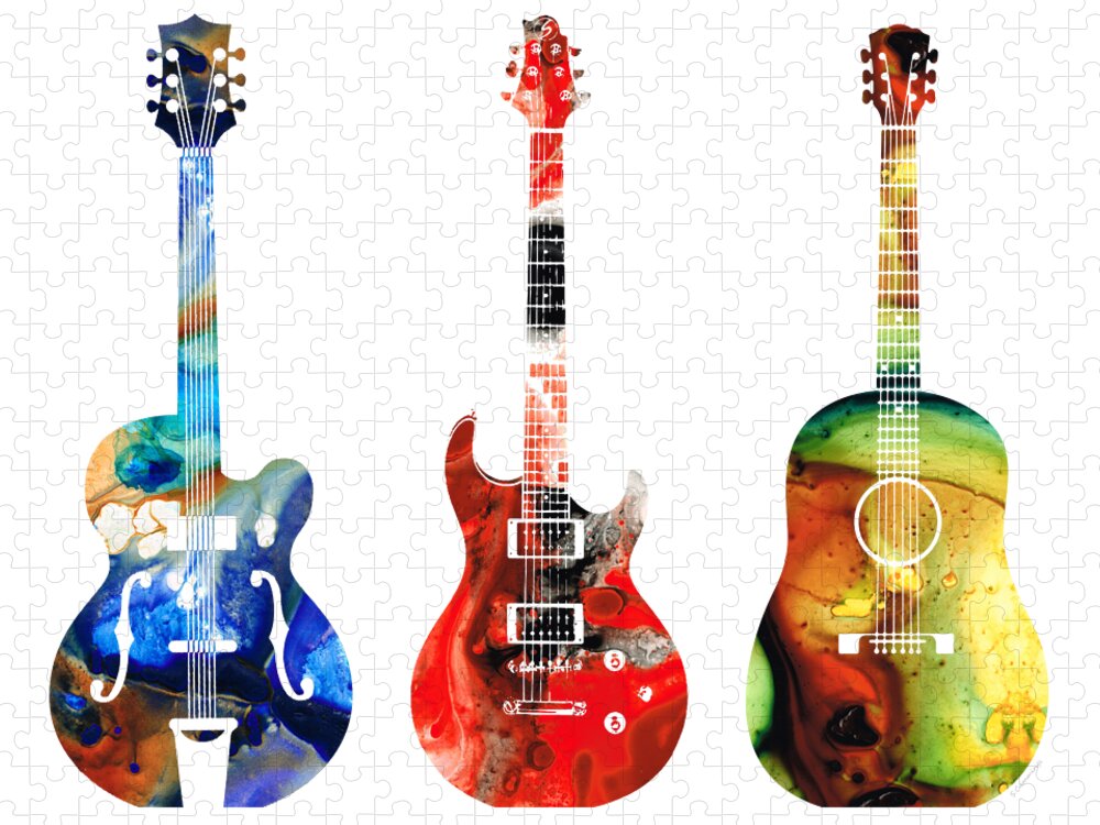 Guitar Jigsaw Puzzle featuring the painting Guitar Threesome - Colorful Guitars By Sharon Cummings by Sharon Cummings