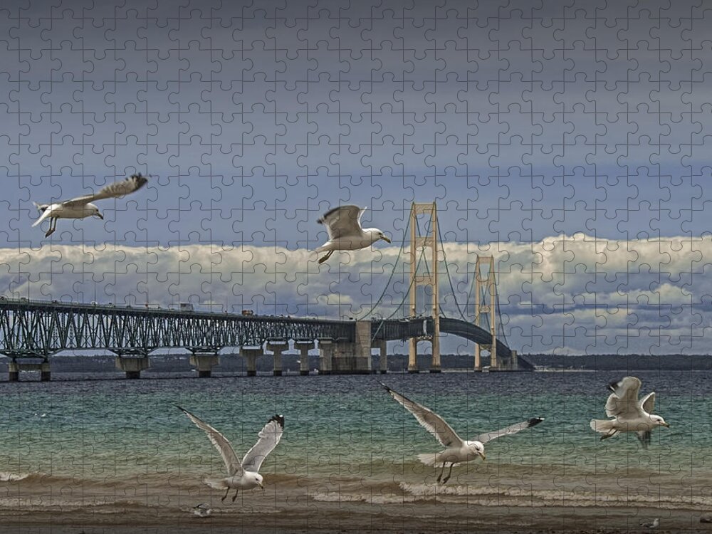Bird Jigsaw Puzzle featuring the photograph Gulls Flying by the Bridge at the Straits of Mackinac by Randall Nyhof