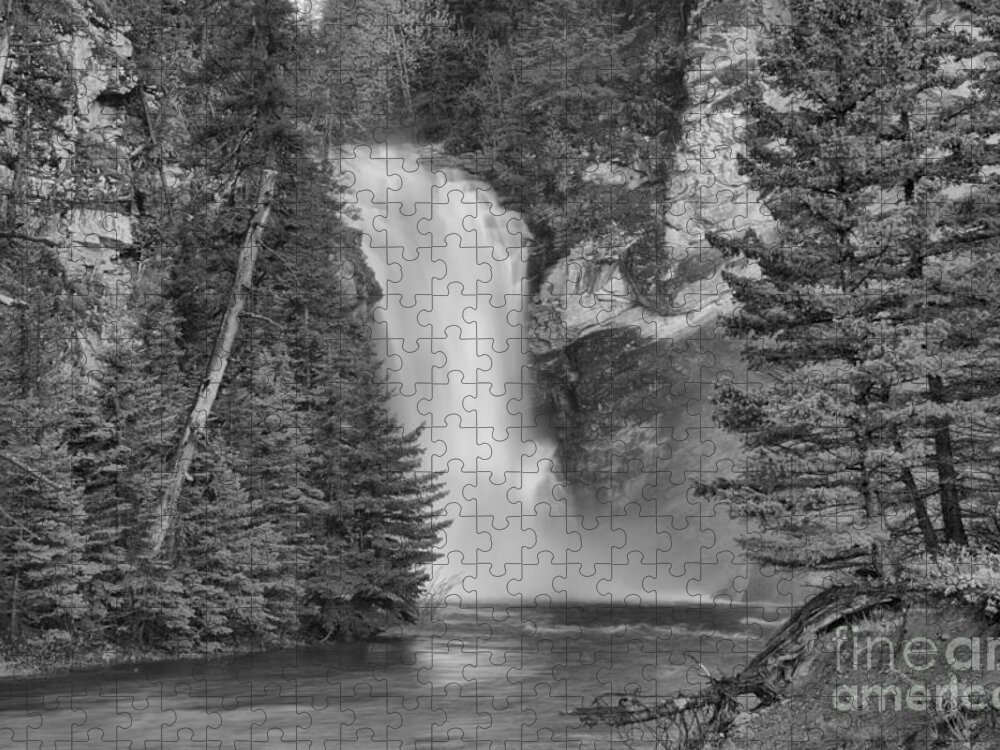 Trick Falls Jigsaw Puzzle featuring the photograph Gushing In The Spring At Trick Falls Black And White by Adam Jewell