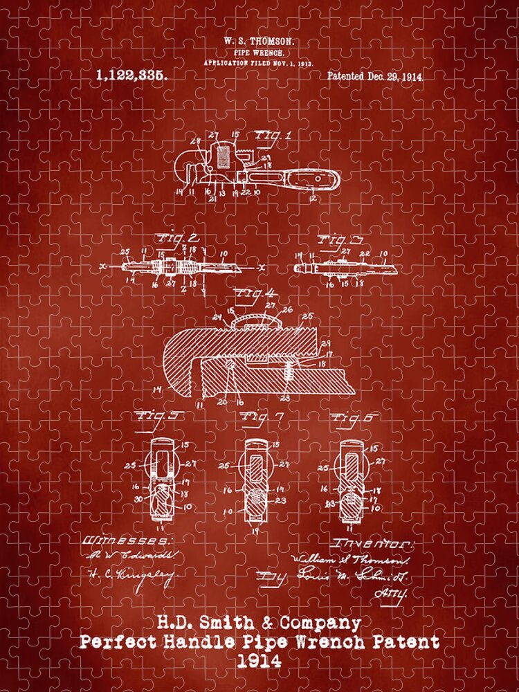 H D Smith Jigsaw Puzzle featuring the digital art H. D. Smith Perfect Handle Pipe Wrench Patent White on Red by David Smith