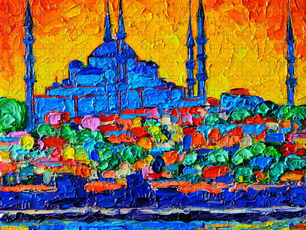 Istanbul Jigsaw Puzzle featuring the painting Hagia Sophia At Sunset Istanbul Abstract Cityscape Palette Knife Oil Painting By Ana Maria Edulescu by Ana Maria Edulescu
