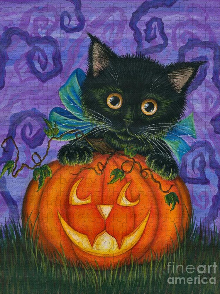 Halloween Cat Jigsaw Puzzle featuring the painting Halloween Black Kitty - Cat and Jackolantern by Carrie Hawks
