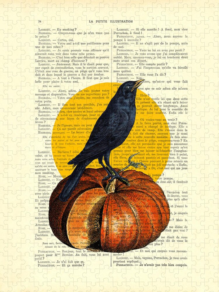 Crow Jigsaw Puzzle featuring the digital art Halloween pumpkin and crow decoration by Madame Memento