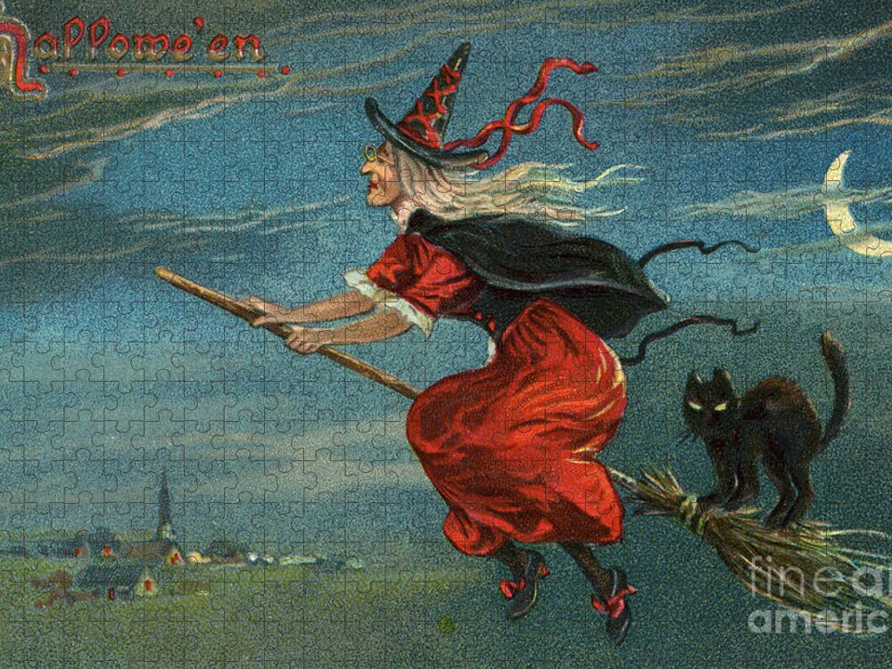 Witch Jigsaw Puzzle featuring the painting Halloween Witch and Black Cat Riding Broom at Night by American School