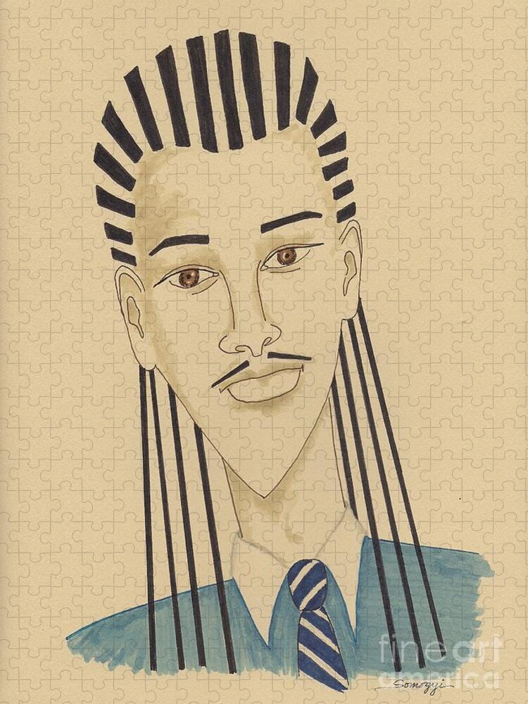Braids Jigsaw Puzzle featuring the drawing Handsome Young Man -- Stylized Portrait of African-American Man by Jayne Somogy