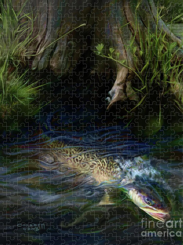 Fishing Jigsaw Puzzle featuring the painting Hanging On to a Tiger by Robert Corsetti